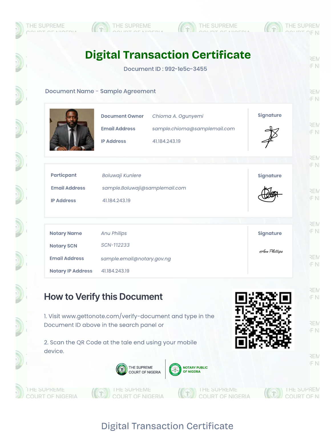 Digital Transaction Certificate example